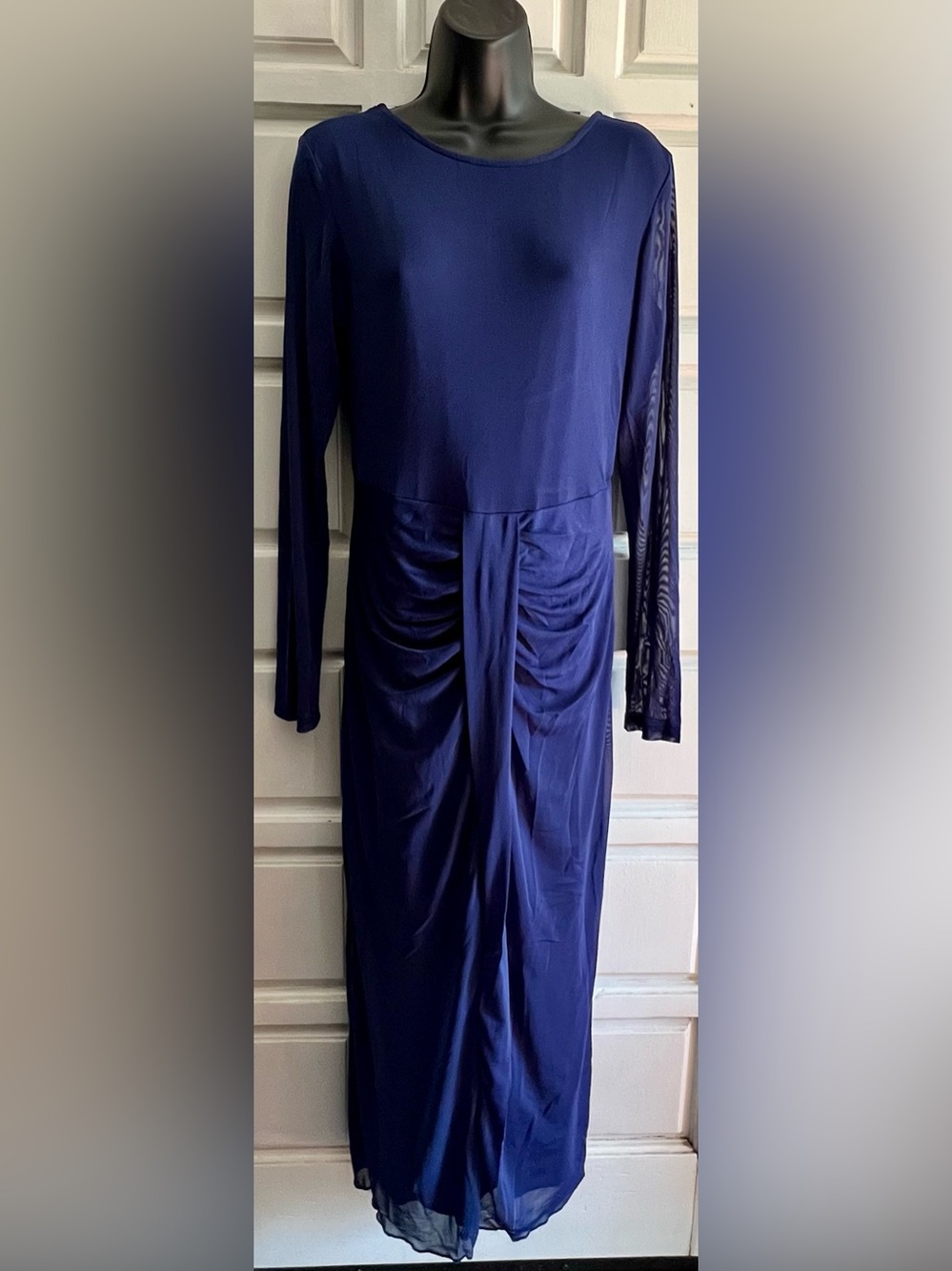 Long Sleeve Navy Blue Ruched Front MIDI Dress
